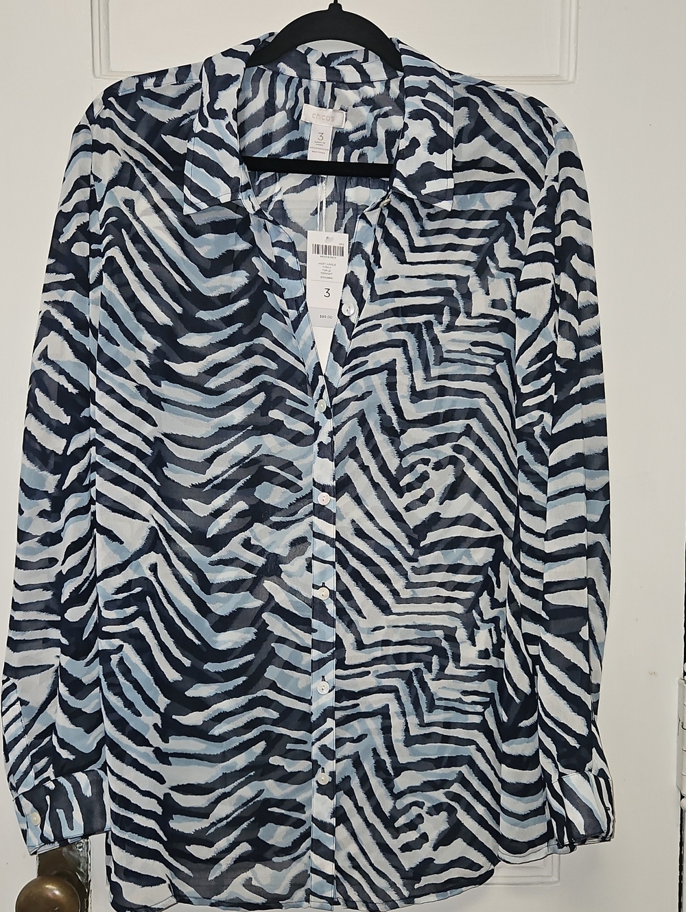 Chico's Navy and Light Blue Zebra-Print Button-Down Shirt